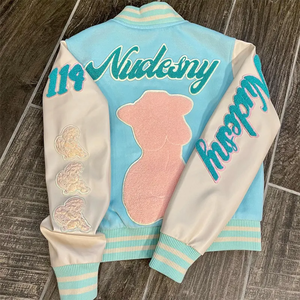 Veste universitaire pour homme sur mesure, bleu ciel, style streetwear, bomber, veste de baseball brodée, manches blanches, col montant, en peau de mouton - Product Image 3