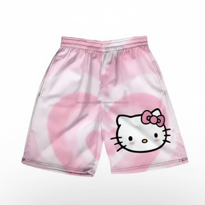 กางเกงขาสั้นตาข่ายผู้ชายขายส่ง น้ำหนักเบา รับผลิตตามแบบ (OEM) ลายการ์ตูนน่ารัก พิมพ์ลายหัวใจสีชมพู กางเกงขาสั้นลำลองฤดูร้อนปี 2026 - Product Image 1