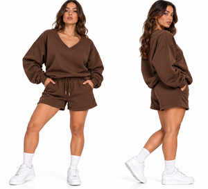 Ensemble lounge bleu 2 pièces pour femme, sweat-shirt surdimensionné à col en V et short à cordon de serrage, tenue décontractée assortie, tissu texturé doux - Product Image 6