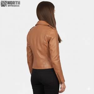 Veste de motard en cuir véritable classique pour femme, neuve, respirante, en toile, fermeture éclair, tricotée, coupe ajustée - Product Image 2