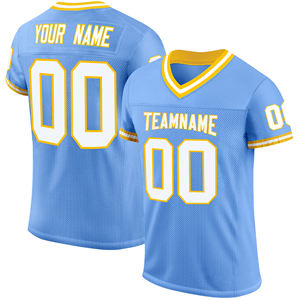 Maillot de football personnalisé bleu clair avec bordure jaune, col en V, manches courtes, respirant, en maille, option uniforme d'équipe pour hommes - Product Image 1