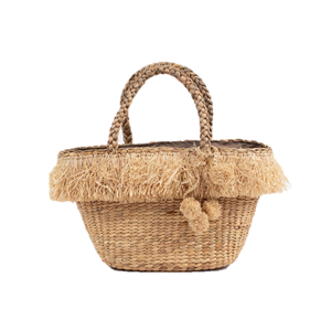 Sac à main artisanal en jacinthe d'eau – Sac fourre-tout bohème en paille tressée avec franges et pompons pour l'été et la plage - Product Image 2