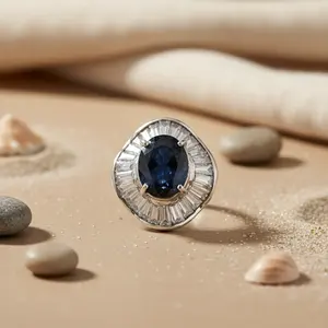 Romantic Silver Sapphire Women's <b>Ring</b> White CZ Accents Fashionable Inlay Hip-Hop <b>Eternity</b> Trendy Princess Cut Diamond Rhodium - Product Image 1