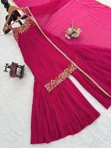 Conjunto Sharara Étnico de Diseñador de Alta Calidad para Mujer, en Falsa Georgette con Bordado, Tonos Elegantes, Perfecto para Bodas y Ocasiones Festivas - Product Image 6