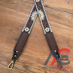 Hand Tooled Whipstitch Daisy Flower 1.5" Shoulder Strap Genuine Leather Western Replacement Bag Strap with Antique Brass Snaps - Product Image 1