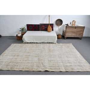 Alfombra turca Vintage moderna de 5,4x9,3 pies, Beige, hecha a mano, diseño clásico de retazos, lana, piel sintética de conejo, látex, pasillo rectangular - Product Image 3