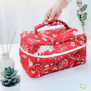 Bolsa de tocador acolchada hecha a mano para mujer, bolsa de cosméticos de viaje de tela, Asa de algodón, organizador de maquillaje impreso con bloque de mano - Product Image 1