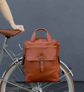 Brown Leather Convertible <b>Backpack</b> Bicycle <b>Pannier</b> Bag Unisex Vintage Laptop Rucksack Cotton Lining Zipper Genuine Leather - Product Image 4