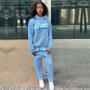 Fabricante de ropa Lavado con ácido Parche bordado desgastado Sudadera Pantalones de chándal acampanados y conjuntos de Sudadera con capucha recortada - Product Image 2