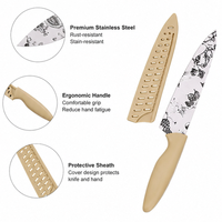 Ensemble de 12 couteaux de cuisine à imprimé floral, ensemble de couteaux de chef en acier inoxydable avec revêtement blanc, avec protège-lames, manche beige pour la maison