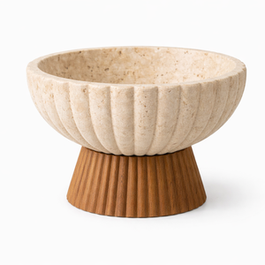 Cuenco Decorativo de Madera Acanalado de Lujo con Base de Piedra Travertino Natural para Mesa de Centro, Consola, Estante, Estilo Moderno para el Hogar - Product Image 2