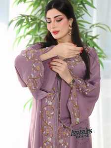 Kaftan Abaya Eid pour femmes, ethnique, léger, grande taille, longueur au sol, col haut, manches longues, orné de perles à la main, ourlet évasé en georgette - Product Image 5