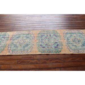 Alfombra Turca Vintage de 2.3x11.8 pies, Alfombra Azul Abstracta de Lana - Product Image 3