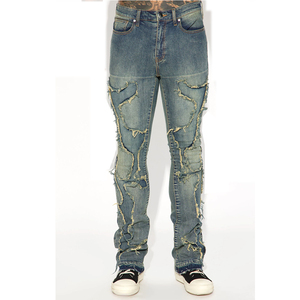 กางเกงยีนส์คาร์โก้ผู้ชายสไตล์วินเทจสำหรับฤดูร้อน ฤดูใบไม้ร่วง ฤดูหนาว ผ้าเดนิมซักแล้ว ระบายอากาศได้ดี เป็นมิตรกับสิ่งแวดล้อม รับผลิตแบบ OEM พร้อมสกรีนโลโก้ คุณภาพสูง - Product Image 4