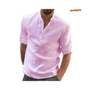 Camisa de lino bohemio para hombre, camisa clásica abotonada de manga larga de algodón y lino, camisa holgada, ropa de calle informal, regalo para ella - Product Image 2