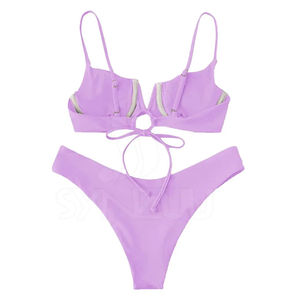 Conjunto de Bikini de Corte Alto de Color Sólido Personalizado, Estilo Sexy, Ropa de Playa para Mujer, Estampado de Logotipo Frontal, Talla Regular, Conjunto de Bikini con OEM - Product Image 2