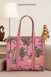 Sac fourre-tout matelassé en coton fait main pour femme, léger, tissu 300 GSM, style vintage, imprimé, lavable, design élégant, fermeture éclair, été - Product Image 2