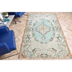 Alfombra Vintage, Alfombra Turca de 4.9x8.3 pies, Alfombra de Lana con Diseño Floral Azul y Blanco - Product Image 1