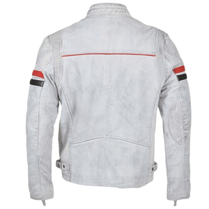 Veste en cuir de vache véritable de haute qualité pour homme, rayures sur le devant et les manches, veste de motard blanche cirée - Product Image 3
