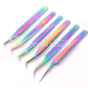 Pinzas de extensión de pestañas de acero inoxidable con revestimiento de color arcoíris y logotipo personalizado, Punta puntiaguda para pestañas postizas - Product Image 1