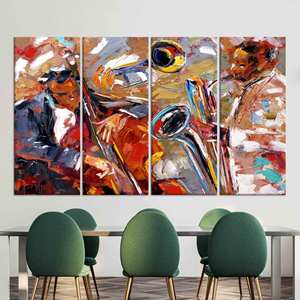 Arte de pared en lienzo de música jazz: impresión de saxofón, violonchelo y trompeta, JUEGO DE 4 LIEÑOS - Product Image 1