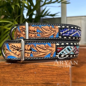 Manufacturer High Quality Heavy Duty Genuine Leather 1.5 Inch Wide Strong Durable Brass Hardware Custom Beaded Pet Dog Collars - Product Image 1