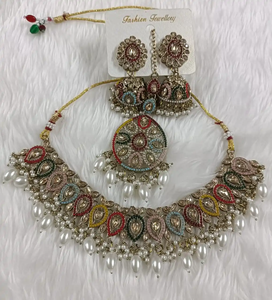 Classic <b>Indian</b> AD Fashion Jewelry <b>Set</b> for Women Brass Necklace Earrings Combo for Weddings and Cultural Events - Product Image 3