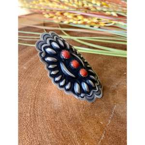 Leander Tahe <b>Adjustable</b> <b>Ring</b> Coral & Sterling Silver Concho with Bezel Setting Size 8 for Everyday Wear - Product Image 3