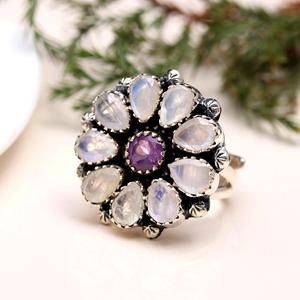 Belle fait à la main poire coupe arc-en-ciel pierre de lune et coupe ronde améthyste bague de déclaration réglable en argent Sterling bijoux Vintage - Product Image 3