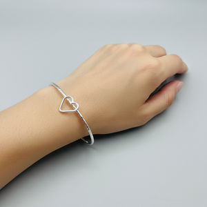 Silver-Filled Open <b>Bangle</b> with Heart <b>Charm</b> Elegant Minimalist Jewelry - Product Image 1
