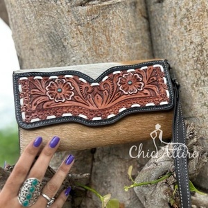La más nueva gran oferta, Cartera de pulsera de cuero con pelo en flores para mujer, funda de teléfono de cuero genuino occidental y monedero con tarjetero - Product Image 1