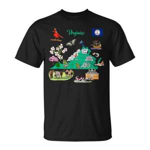 T-shirt avec carte touristique de la Virginie, points de repère et symboles célèbres, vêtements promotionnels des États-Unis - Product Image 1