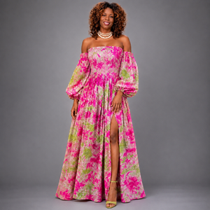 Abito lungo a vita impero con stampa floreale rosa-verde Ankara - Product Image 1