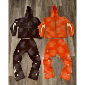 Conjunto de Sudadera con Capucha y Pantalones de Chándal Personalizados con Borde Cortado, Estilo Casual Holgado, con Parches Bordados Desgastados y Apliques, de Felpa de Rizo con Efecto Desgastado por el Sol - Product Image 2