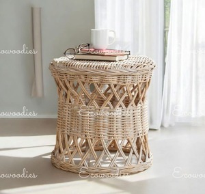 Haute qualité bambou rond assis pouf rotin pouf Vintage Tables rondes pour salon balcon jardin os incrustation Console - Product Image 5