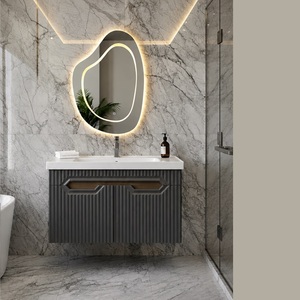 Conjunto de Muebles de Baño Modernos para Apartamento, Montados en la Pared, Gabinete de MDF Acolchado Color Antracita, Lavabo de Cerámica, Espejo LED Táctil de 100 cm - Product Image 4