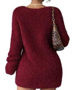 Robe pull en tricot moelleux bordeaux pour femmes, col en V, manches longues, douce et moelleuse, chaude pour l'hiver, mode, fabricant en gros OEM, sur mesure - Product Image 2