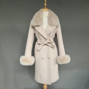 Áo khoác len và pha len thời trang mùa đông nữ, cổ lông cáo thật, áo khoác cashmere có dây lưng dành cho nữ - Product Image 5