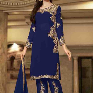 2023 Stylized Indian/Pakistani Embroidery Work Long Kurta <b>Pant</b> Dress with Lace and Button Decoration for Parties and Weddings - Product Image 1
