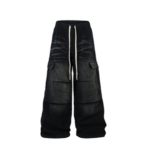 กางเกงยีนส์แบบผูกเชือกสำหรับผู้ชายสำหรับฤดูใบไม้ร่วงฤดูใบไม้ผลิกางเกงยีนส์ทรงตรงสไตล์ฮิปฮอปสีเข้มกลาง - Product Image 1