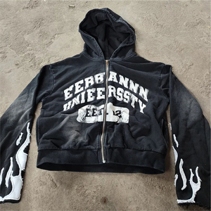 Vente en gros Streetwear pour hommes en détresse Patch sweat à capuche pantalon ensemble Design personnalisé délavé à l'acide Vintage survêtement respirant gris - Product Image 4