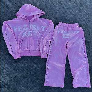 Conjunto Deportivo de Alta Calidad para Hombre, Conjunto de Sudadera con Capucha y Pantalones Deportivos de Algodón Personalizados, Pantalones Acampanados, Sudadera con Capucha con Cierre y Pedrería - Product Image 2