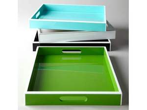 Plateau de service rectangulaire en bois laqué bleu menthe, avec poignées dorées, pour la décoration de table basse, meilleur prix - Product Image 3