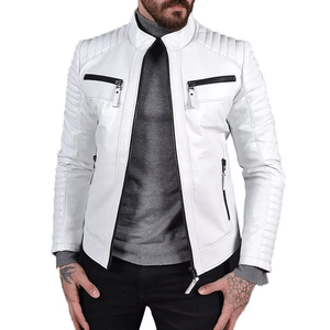 Chaqueta de moto de cuero genuino para jinetes con chaqueta de moto blanca de cuero de pista protegida CE blindada para hombres - Product Image 2