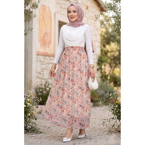 For Cream Floral Patterned <b>Elastic</b> Waist Chiffon Tulle <b>Skirt</b> with Soft Print Decoration - Product Image 1
