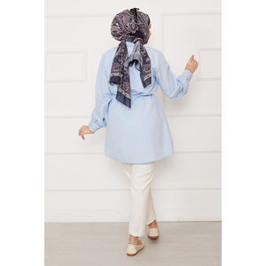 Camisa Hijab Azul Celeste Larga con Botones Ocultos y Detalles Plisados, Blusa Modesta - Product Image 5