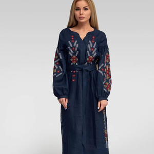 Ucrania bordado flor A-Line vestido para mujer Casual manga larga pluma costura cuello Natural elegante vestido largo - Product Image 1