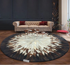 Tapis rond en cuir de vachette fait main Tapis rond en cuir de vachette Patchwork Cheveux sur cuir de vachette Tapis blanc marron - Product Image 3