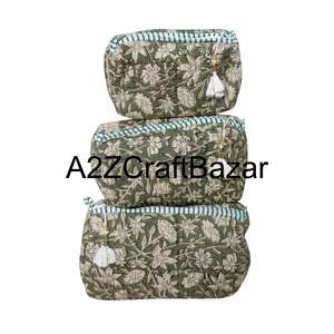 Ensemble de 3 trousses de maquillage à imprimé poisson indien, trousse de toilette en coton pur, trousse de toilette matelassée, trousse de voyage à imprimé en bloc - Product Image 1