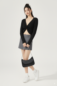 Pull en maille côtelée pour femme, nœud torsadé sur le devant, uni, tendance, col en V, manches longues, ensemble en maille, fournisseur OEM - Product Image 4